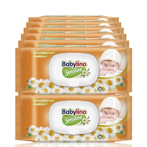 864 Salviette Neonato Babylino Sensitive con delicata profumazione alla Camomilla, formula 98% Naturale che ripristina il PH della pelle, 16 Confezioni con chiusura salva-freschezza - Design e materiali