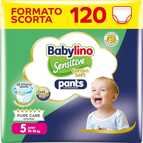 Babylino Sensitive Cotton Soft Pannolini Mutandina Taglia 5, Pants Junior (10-16kg), 120 Unità - Design e materiali