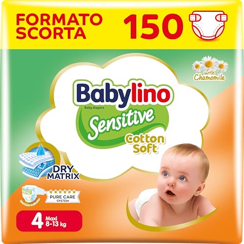 Babylino Sensitive Cotton Soft, Pannolini Taglia 4, Maxi (8-13kg), 150 Unità - Design e materiali