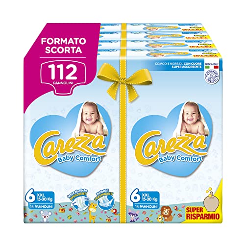 CAREZZA Baby Comfort Xxl/taglia 6 (16-30 Kg)/ Pannolini, Decorati, Taglia 6, 112 Unità - Design e materiali
