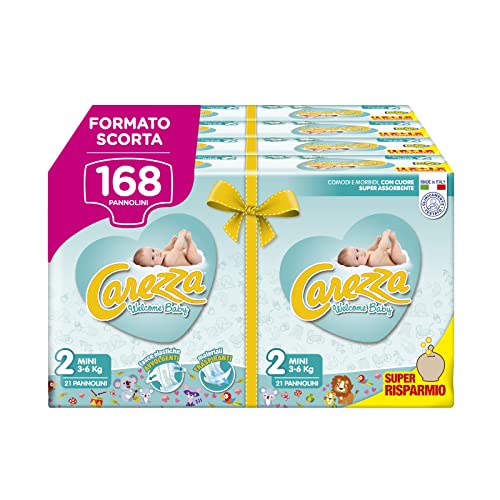 CAREZZA Welcome Baby Mini, Taglia 2 (3-6 kg), 168 pannolini - Design e materiali