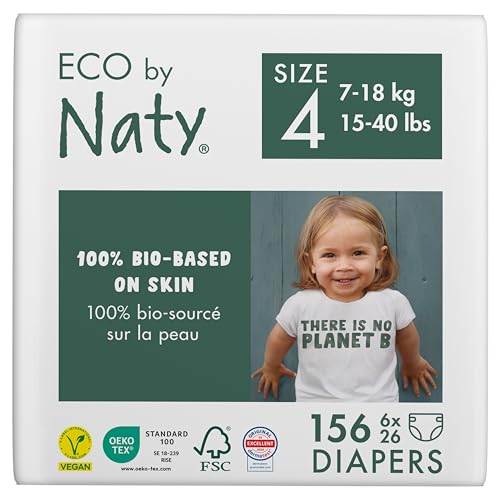Eco by Naty Pannolini per bambini - Pannolini ecologici a base vegetale, ottimi per la pelle sensibile del bambino e aiutano a evitare le perdite (Taglia 4, 156 unità) - Design e materiali