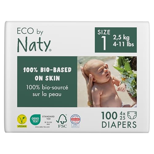 Eco by Naty Taglia 1, Pannolini, 2-5kg, Fornitura Di Un Mese, Pannolino Eco Premium A Base Vegetale Con Lo 0% Di Plastica Sulla Pelle, White, Inodore., 100 Unità - Design e materiali