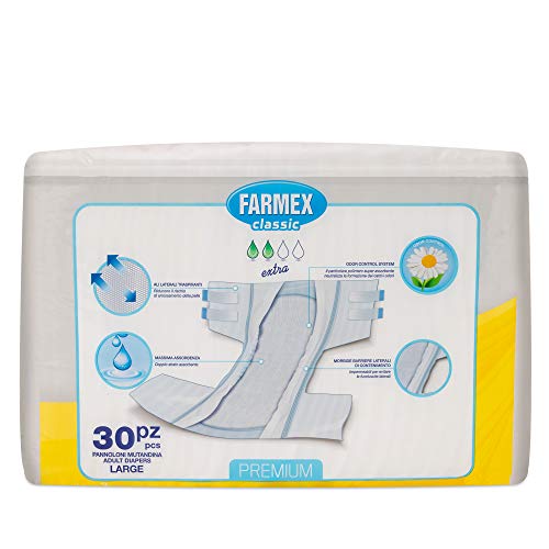 Farmex - Pannolone PREMIUM per Incontinenza per Adulti - Dermatologicamente Testato, Latex-Free, Anallergico, Atossico, Doppio Strato Assorbenza EXTRA - Taglia XL - 30 Pezzi - Prova pratica