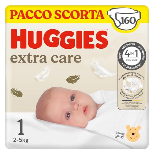 Huggies Extra Care Bebe, Pannolini Taglia 1 (2-5Kg), Ultra assorbente, Pacco Scorta, 160 Pz - Design e materiali