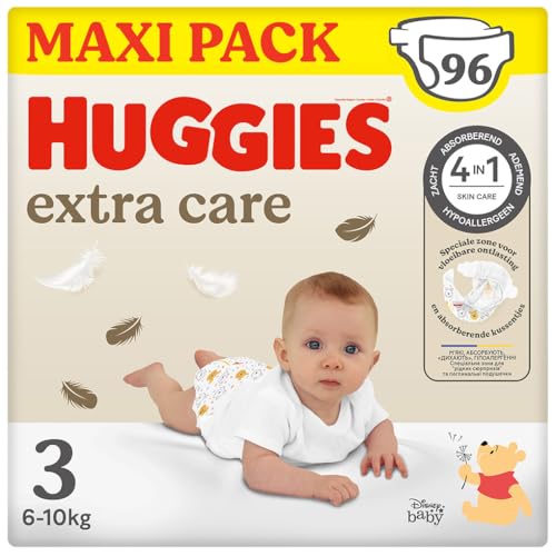 Huggies Extra Care, Pannolini Taglia 3 (6-10 Kg) Pacco Mega, 96 Pz - Design e materiali