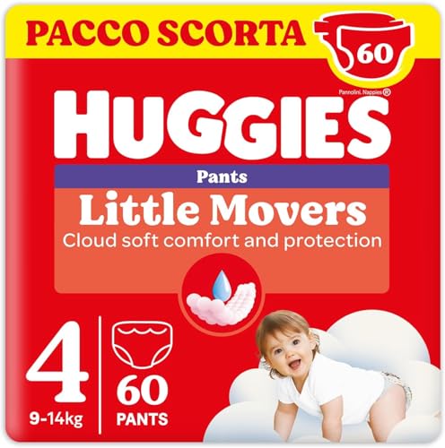 Huggies Little Movers Pannolini Mutandina Taglia 4 (9-14 kg), Ultra assorbente, Protezione completa, 60 Pz - Design e materiali