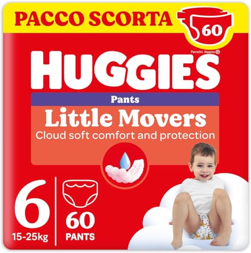 Huggies Little Movers Pannolini Mutandina Taglia 6 (15-25 Kg), Ultra assorbente, Protezione completa, 60 Pz - Design e materiali