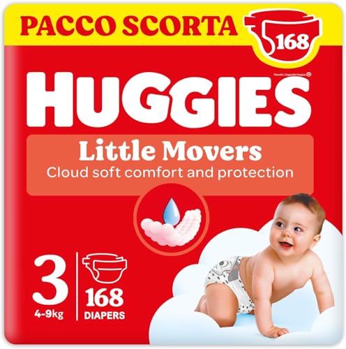 Huggies Little Movers, Pannolini Taglia 3 (4-9 Kg), Ultra assorbente, Design Disney, Pacco Scorta, 168 Pz - Design e materiali