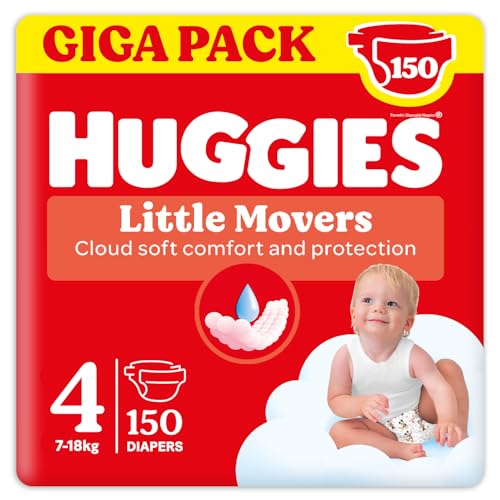 Huggies Pannolini Little Movers, Taglia 4 (7-18 Kg), Confezione da 150 pannolini, Formato Gigapack - Design e materiali