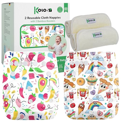Kolo – Set 2 Pannolini Lavabili Riutilizzabili per Neonati e Bambini + 2 Inserti Assorbenti in Bambù | Taglia Regolabile, Unisex, 100% Ecologici | Fantasia HappyFood - Design e materiali