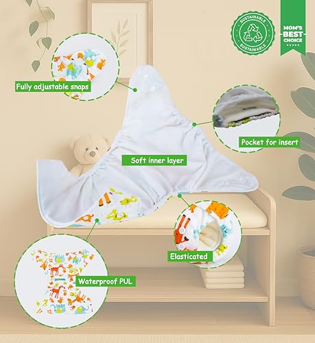 Kolo – Set di 6 Pannolini lavabili riutilizzabili per bambini e neonati + 6 inserti assorbenti in bambù + 1 borsa Wetbag. Taglia regolabile, unisex 100% Ecologici. Fantasia WhiteEssence - Funzionalità e accessori