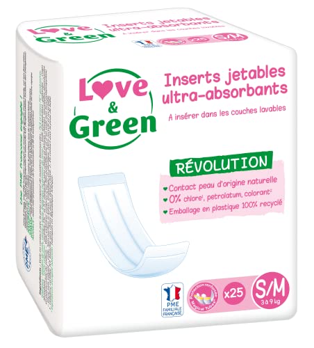 Love & Green Inserto monouso ecologico universale per pannolino lavabile x25 taglia S/M - Design e materiali