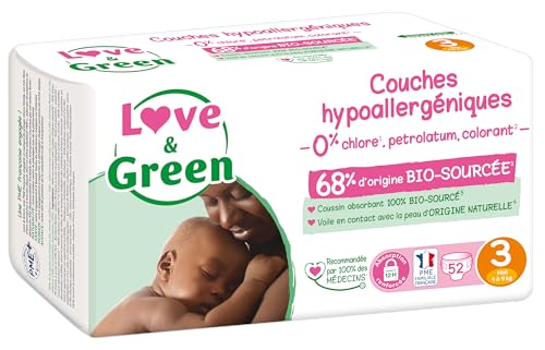 Love & Green - Pannolini per neonati sani ed ecologici - Taglia 3 (4-9 kg) - Confezione da 1 mese (208 pannolini) - Assorbente, anti-perdite e senza ingredienti indesiderati - Prova pratica