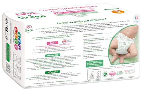 Love & Green - Pannolini per neonati sani ed ecologici - Taglia 3 (4-9 kg) - Confezione da 1 mese (208 pannolini) - Assorbente, anti-perdite e senza ingredienti indesiderati - Funzionalità e accessori