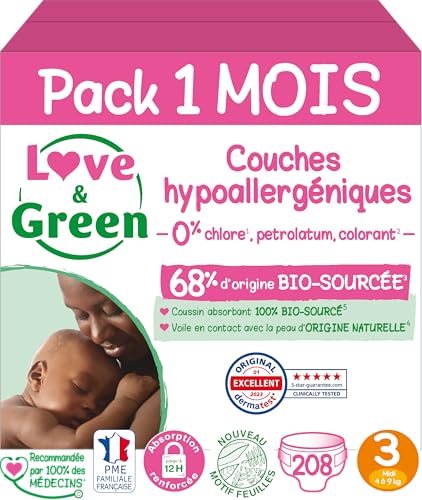 Love & Green - Pannolini per neonati sani ed ecologici - Taglia 3 (4-9 kg) - Confezione da 1 mese (208 pannolini) - Assorbente, anti-perdite e senza ingredienti indesiderati - Design e materiali