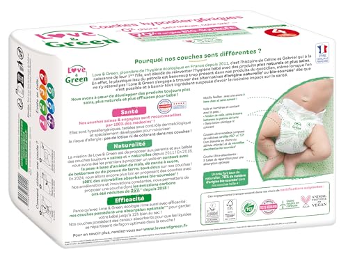 Love & Green - Pannolini per neonati sani ed ecologici - Taglia 4 (7-14 Kg) - Confezione da 1 mese (184 Pannolini) - Assorbente, anti-perdite e senza ingredienti indesiderati - Funzionalità e accessori