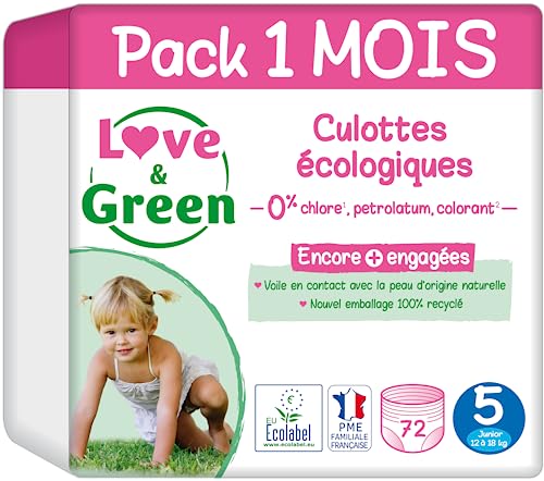 Love & Green - Pannolini sani ed ecologici taglia 6 (+16 kg) confezione da 1 mese (64 mutandine) - Assorbenti, a tenuta stagna e privi di ingredienti indesiderati (la confezione può variare) - Design e materiali