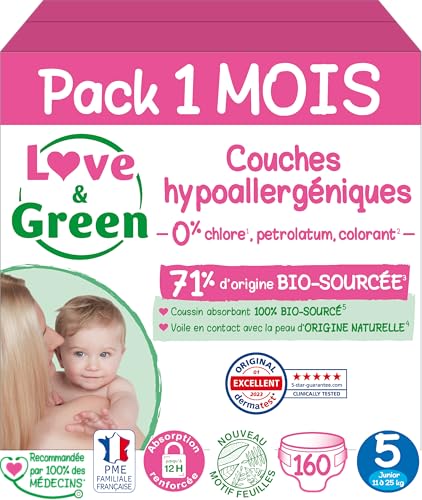 Love & Green Pannolini Taglia 5 (11-25 kg) - Confezione da 1 mese (160 strati) - Design e materiali