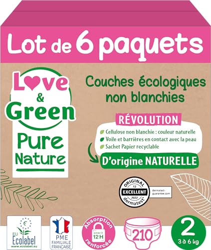 Love & Green Pure Nature Pack de 210 Pannolini Ecologici non Sbiancati T2 x 35 (3-6 kg) - Design e materiali