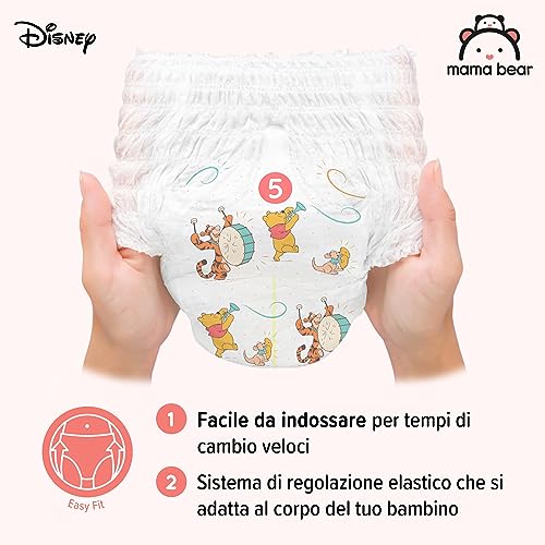 Marchio Amazon - Mama Bear Disney Pannolini mutandina, Taglia 5 (12-17 kg), Bianco, 140 unità (2 confezioni da 70), PACCO MENSILE - Funzionalità e accessori