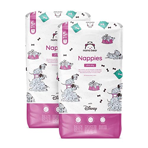 Marchio Amazon - Mama Bear Disney Pannolini ultra-asciutti, Taglia 5+ (11-17 kg), Bianco, 144 Unità, 2 Confezioni da 72, PACCO MENSILE - Design e materiali