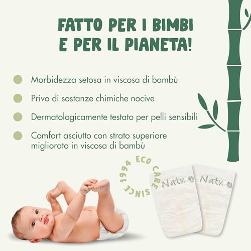 Naty Bamboo - Pannolini per Bambini in Viscosa di Bambù – Morbidezza e tocco setoso, Pannolini a base vegetale, Dermatologicamente testati per pelli sensibili e super assorbenti (Taglia 2, 88 pezzi) - Funzionalità e accessori