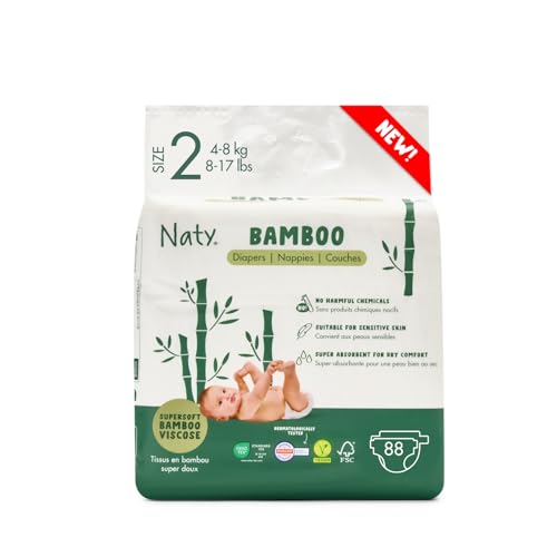 Naty Bamboo - Pannolini per Bambini in Viscosa di Bambù – Morbidezza e tocco setoso, Pannolini a base vegetale, Dermatologicamente testati per pelli sensibili e super assorbenti (Taglia 2, 88 pezzi) - Design e materiali
