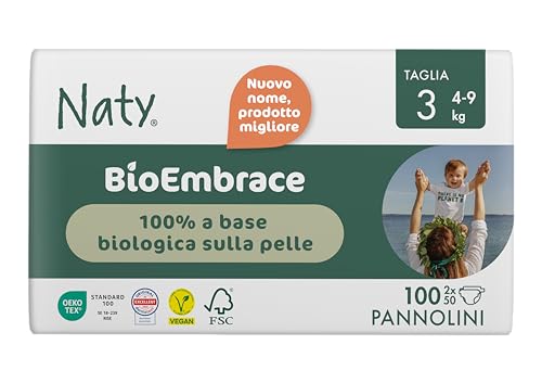 Naty BioEmbrace Pannolini per Bambini Taglia 3 (4–9 kg) | 100% a base vegetale sulla Pelle | Morbidezza vegetale, Dermatologicamente Testati, Super Assorbenti| 100 Pezzi - Design e materiali