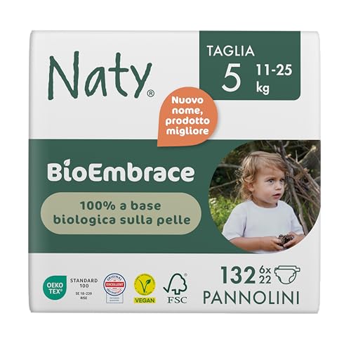 Naty BioEmbrace Pannolini per Bambini Taglia 5 (11–25 kg) | 100% a base vegetale sulla Pelle | Morbidezza vegetale, Dermatologicamente Testati, Super Assorbenti | 132 Pezzi - Design e materiali