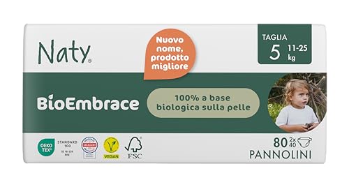 Naty BioEmbrace Pannolini per Bambini Taglia 5 (11–25 kg) | 100% a base vegetale sulla Pelle | Morbidezza vegetale, Dermatologicamente Testati, Super Assorbenti | 80 Pezzi - Design e materiali