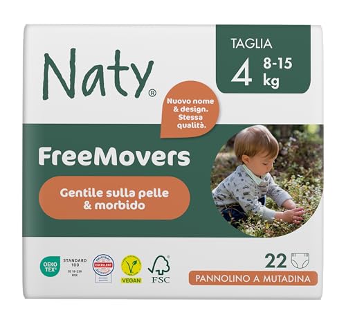 Naty FreeMovers Pannolino a Mutandina | Mutandino Certificato per Pelli Sensibili | Morbido, Senza Profumo | Assorbente & Anti-Perdite | Unisex Bambino & Bimbo | Taglia 4 (8–15 kg), 22 Pezzi - Design e materiali