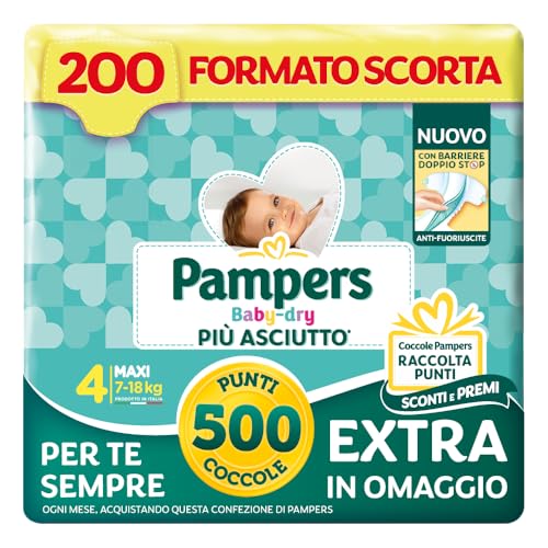 Pampers Baby Dry Maxi, Taglia 4 (7-18 kg), 200 pannolini, con 500 Punti Coccole extra in omaggio - Design e materiali