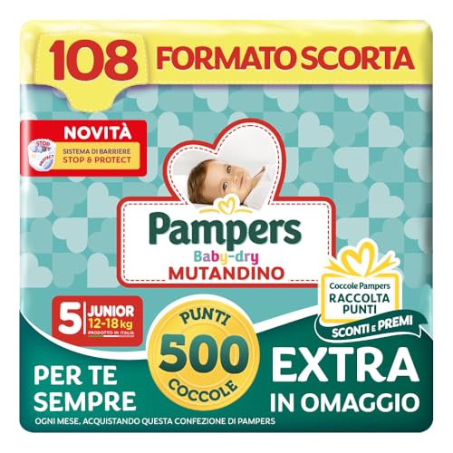 Pampers Baby Dry Mutandino Junior +500 Punti Coccole extra in omaggio, Taglia 5 (12-18 kg), 108 Pannolini (formato scorta) - Design e materiali