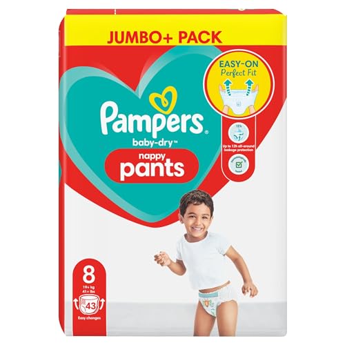 Pampers Baby-Dry - Pannolini taglia 8, 43 pannolini, 19 kg, confezione jumbo+ - Design e materiali
