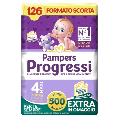 Pampers Progressi Maxi +500 Punti Coccole extra in omaggio, Taglia 4 (7-18 kg), 126 Pannolini (formato scorta) - Design e materiali
