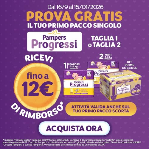 Pampers Progressi Mini +500 Punti Coccole extra in omaggio, Taglia 2 (3-6 kg), 112 Pannolini (formato scorta) - Funzionalità e accessori