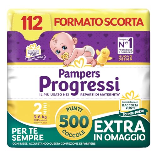 Pampers Progressi Mini +500 Punti Coccole extra in omaggio, Taglia 2 (3-6 kg), 112 Pannolini (formato scorta) - Design e materiali