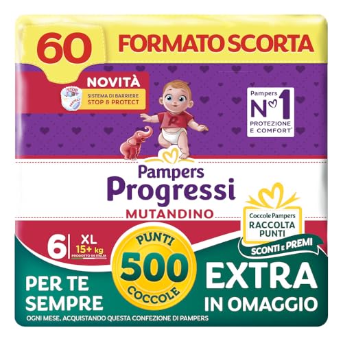 Pampers Progressi Mutandino XL +500 Punti Coccole extra in omaggio, Taglia 6 (15+ kg), 60 Pannolini (formato scorta) - Design e materiali