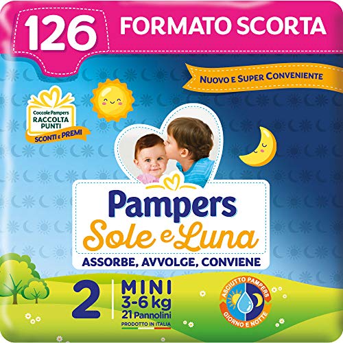 Pampers Sole e Luna Mini, 126 Pannolini, Taglia 2 (3-6 kg) - Design e materiali