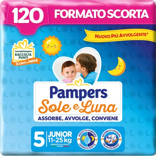 Pampers Sole e Luna Pannolini, Bambini Unisex, Junior Taglia 5 (11-25 kg), 120 Pannolini - Design e materiali