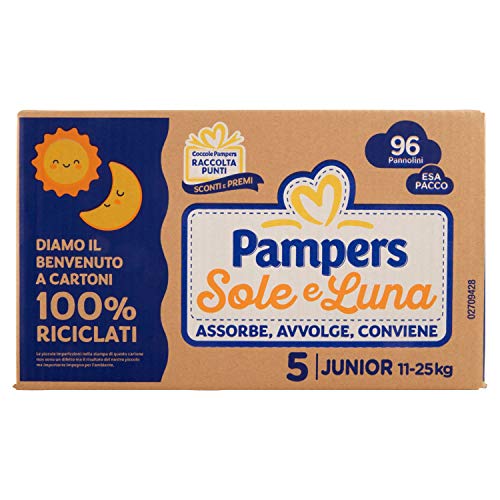 Pampers Sole e Luna Pannolini Junior, Taglia 5 (11-25 kg), 96 Pannolini - Design e materiali