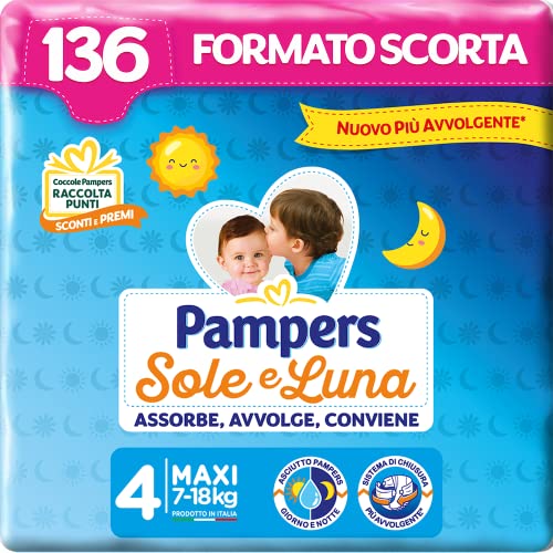 Pampers Sole e Luna Pannolini Maxi, Bambini Unisex, Taglia 4 (7-18 kg), 136 Pannolini - Design e materiali