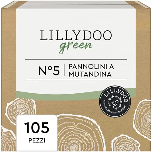 Pannolini a mutandina a ridotto impatto ambientale LILLYDOO green, taglia 5 (12-17 kg), Confezione da 5 x 21 pannolini (105 pannolini) - Design e materiali