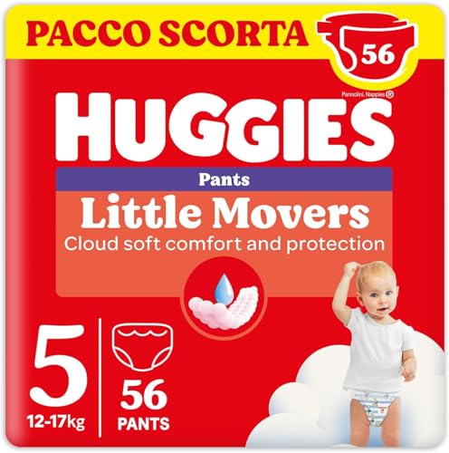 Pannolini Huggies Little Movers Mutandine Taglia 5 (12-17 Kg), Ultra assorbenti, Protezione completa, 56 pezzi - Design e materiali